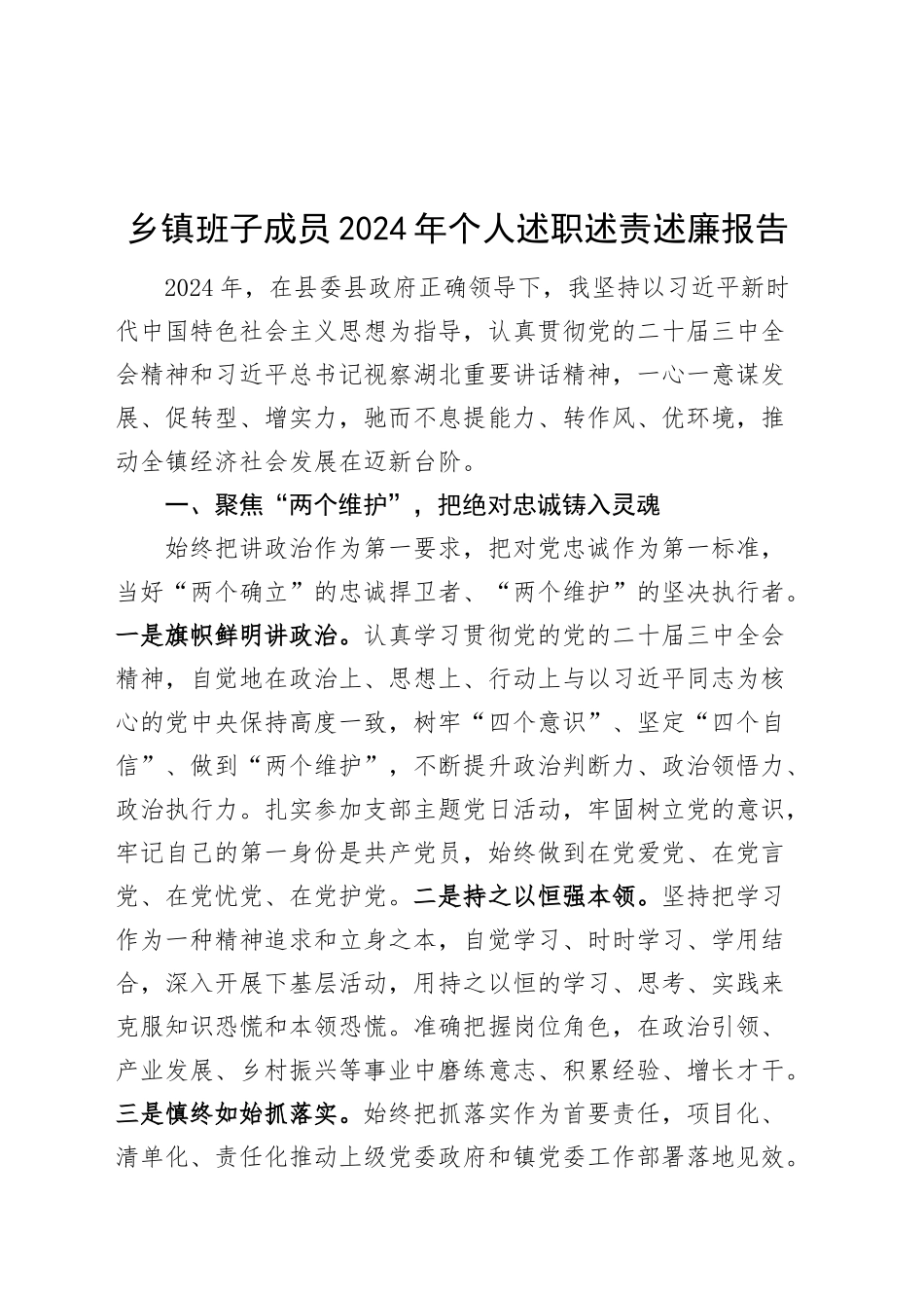 乡镇班子成员2024年个人述职述责述廉报告20241127_第1页