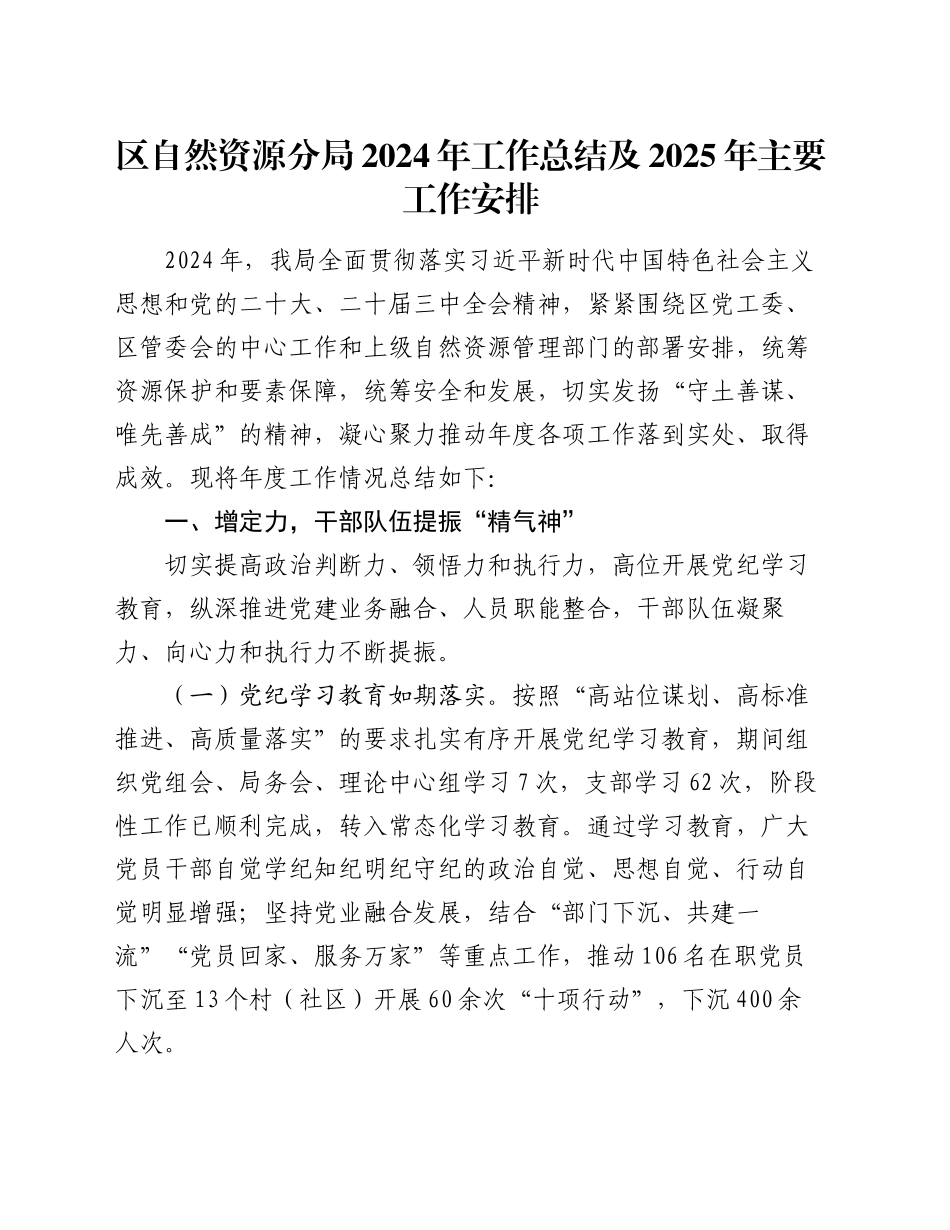 区自然资源分局2024年工作总结及2025年主要工作安排_第1页