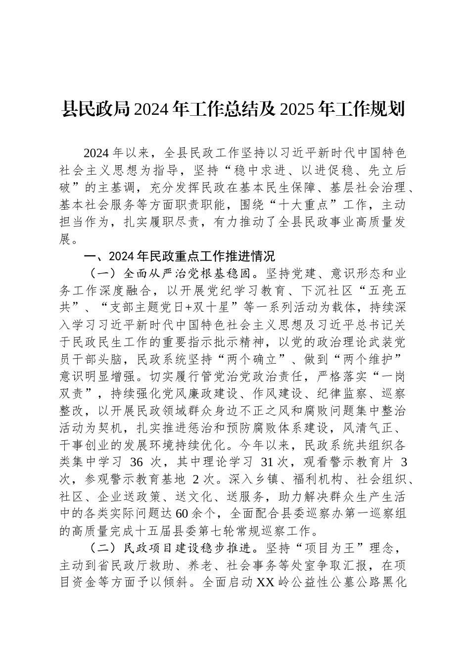 县民政局2024年工作总结及2025年工作规划_第1页