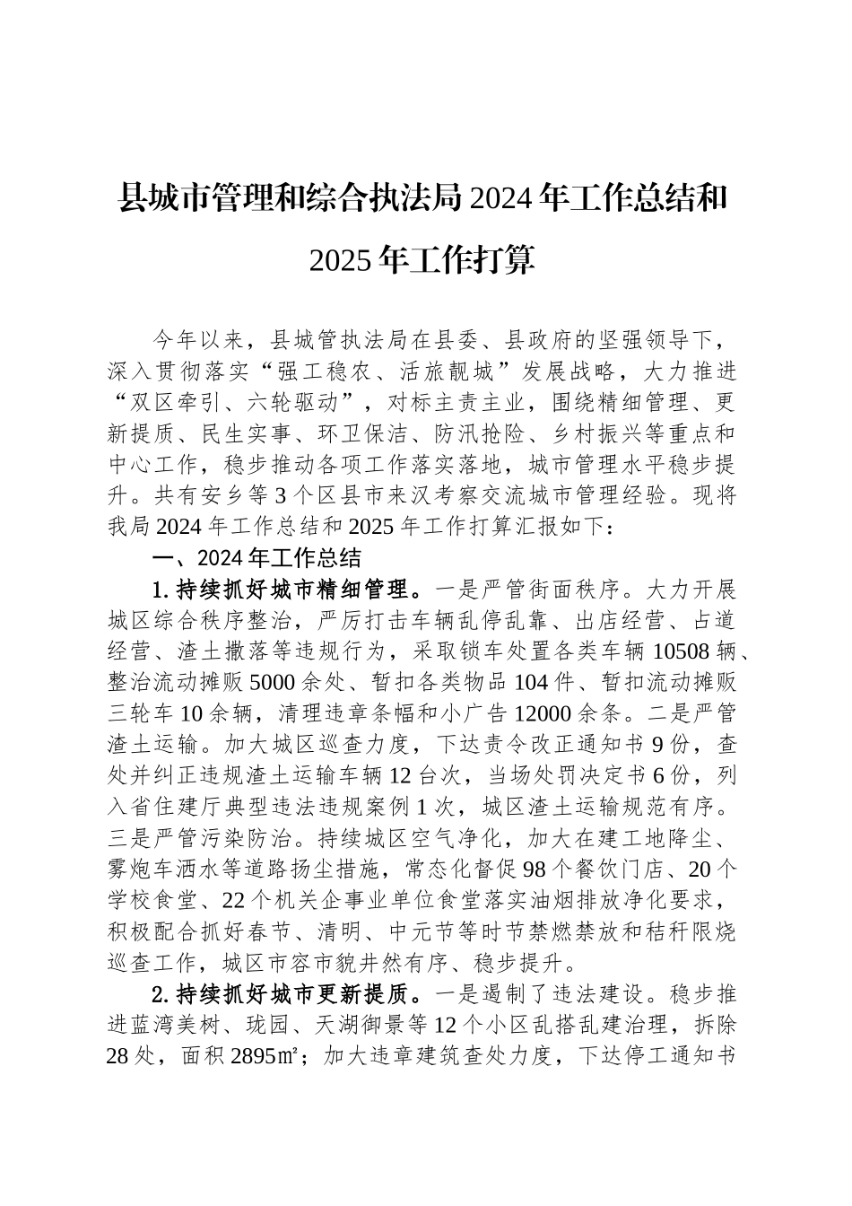 县城市管理和综合执法局2024年工作总结和2025年工作打算_第1页