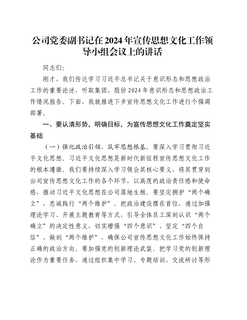 公司党委副书记在2024年宣传思想文化工作领导小组会议上的讲话_第1页