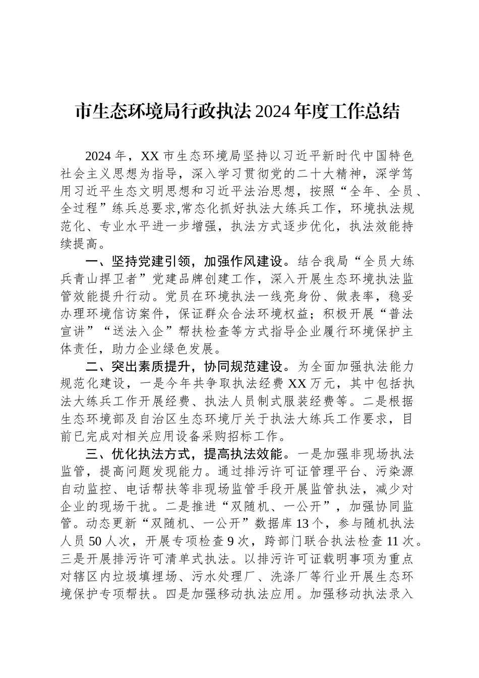 市生态环境局行政执法2024年度工作总结（20241119）_第1页