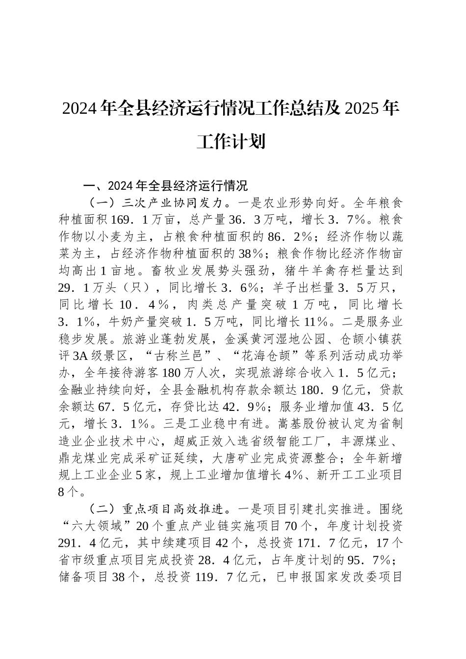 2024年全县经济运行情况工作总结及2025年工作计划_第1页