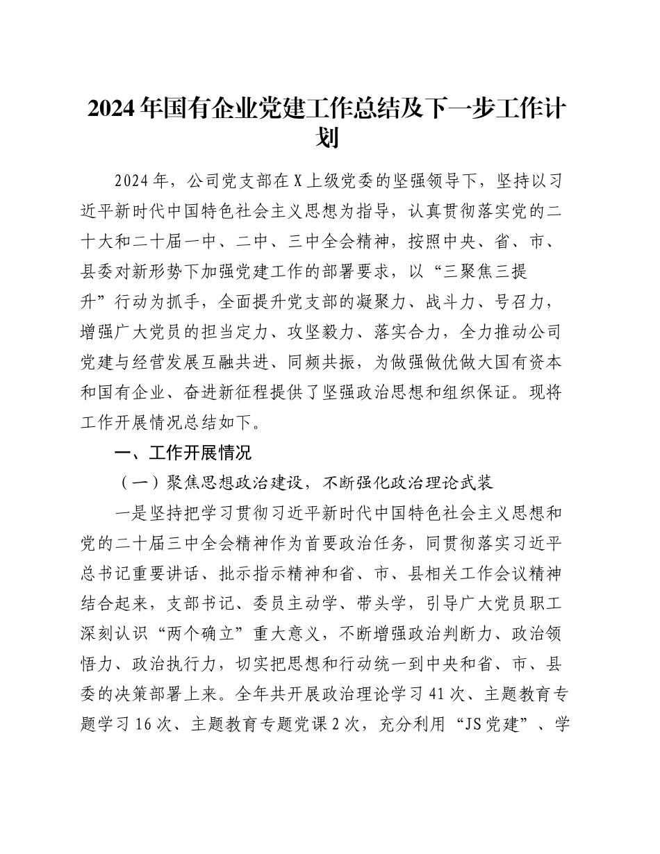 2024年国有企业党建工作总结及下一步工作计划（2）_第1页