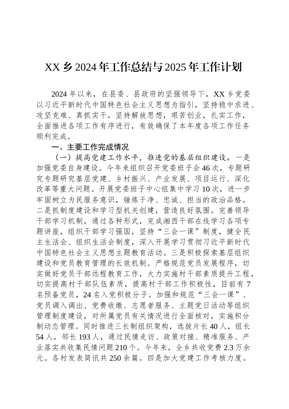 XX乡2024年工作总结与2025年工作计划_第1页