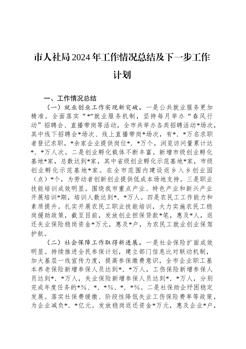 市人社局2024年工作情况总结及下一步工作计划_第1页