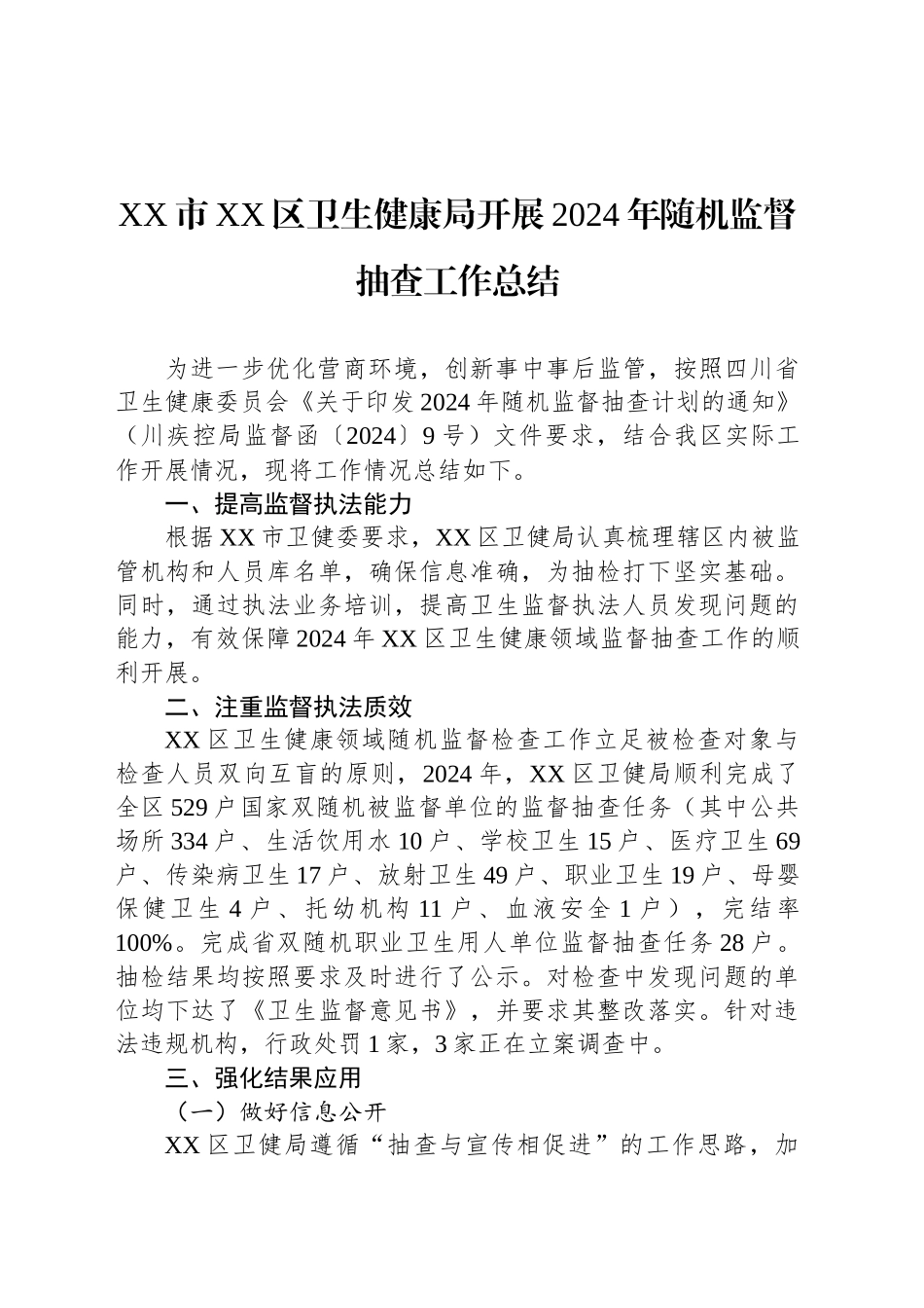 XX市XX区卫生健康局开展2024年随机监督抽查工作总结_第1页