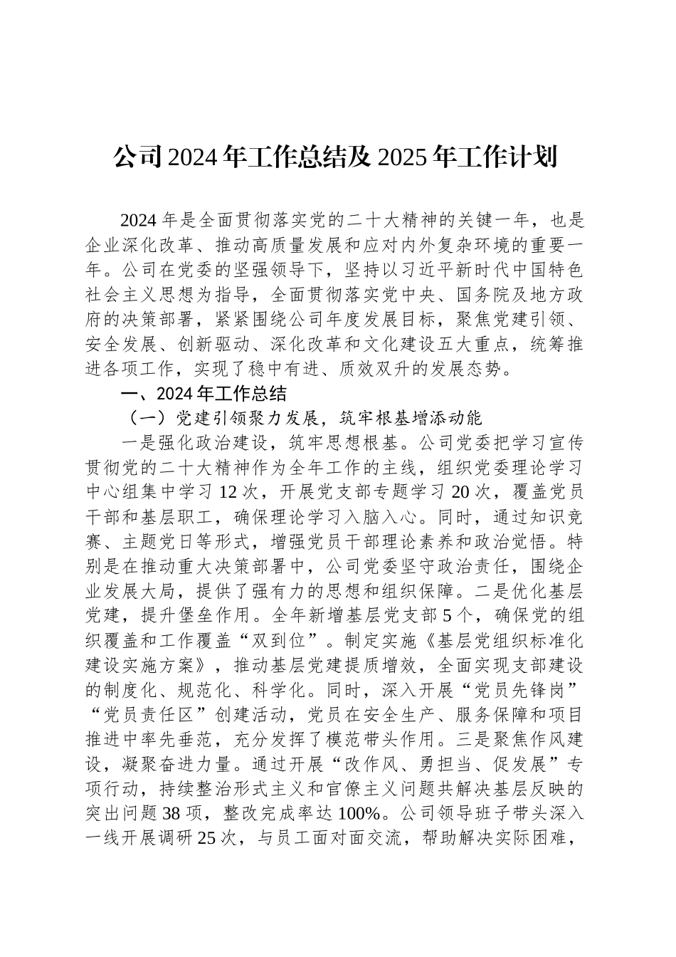 公司2024年工作总结及2025年工作计划_第1页