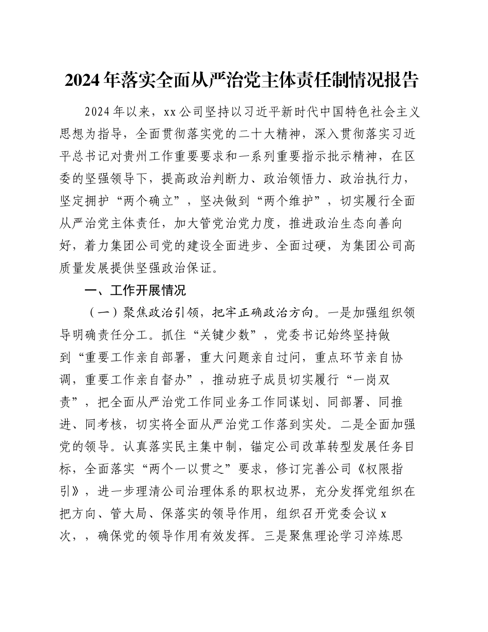 2024年落实全面从严治党主体责任制情况报告_第1页