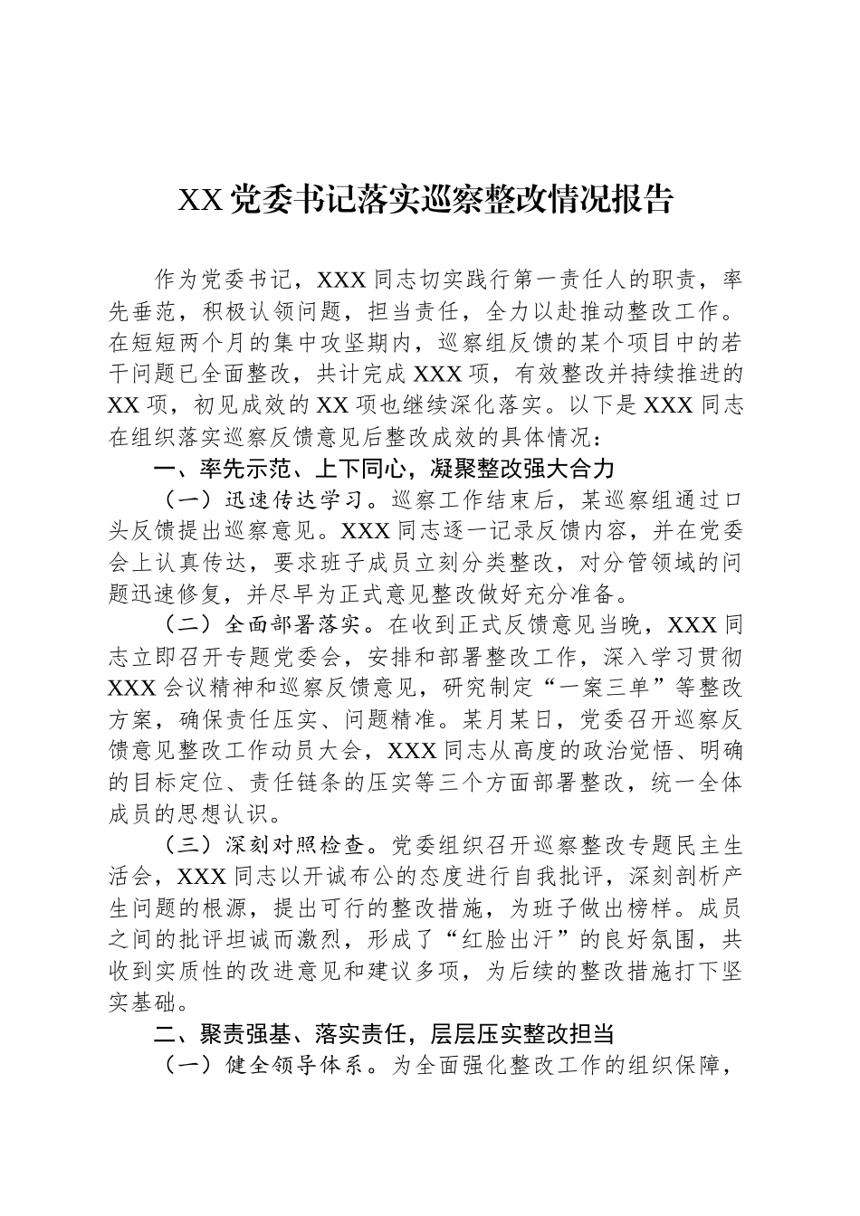XX党委书记落实巡察整改情况报告_第1页