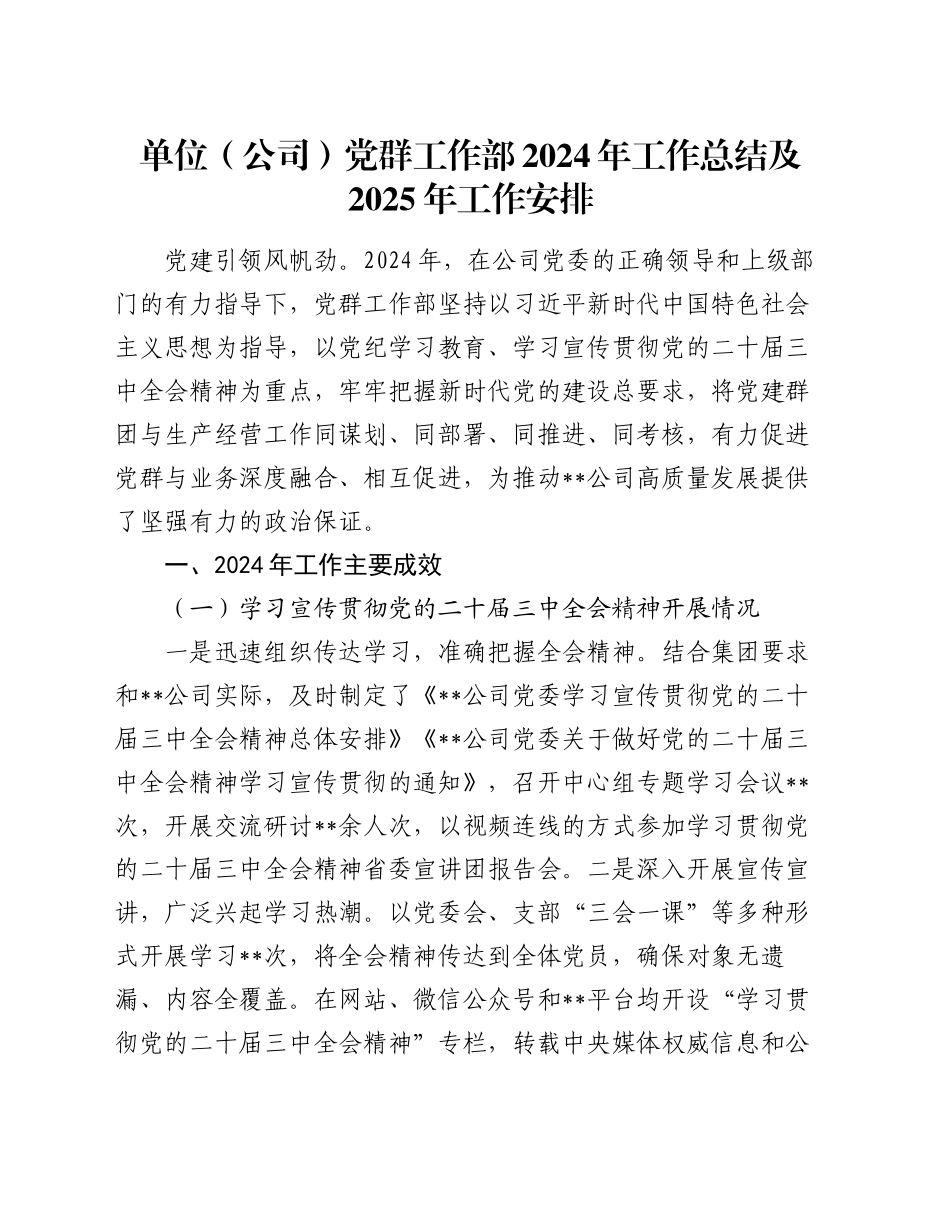 单位（公司）党群工作部2024年工作总结及2025年工作安排_第1页