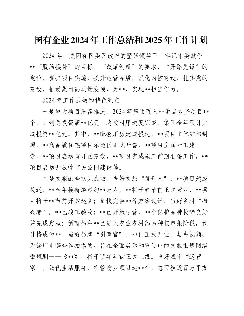 国有企业 2024 年工作总结和 2025 年工作计划_第1页