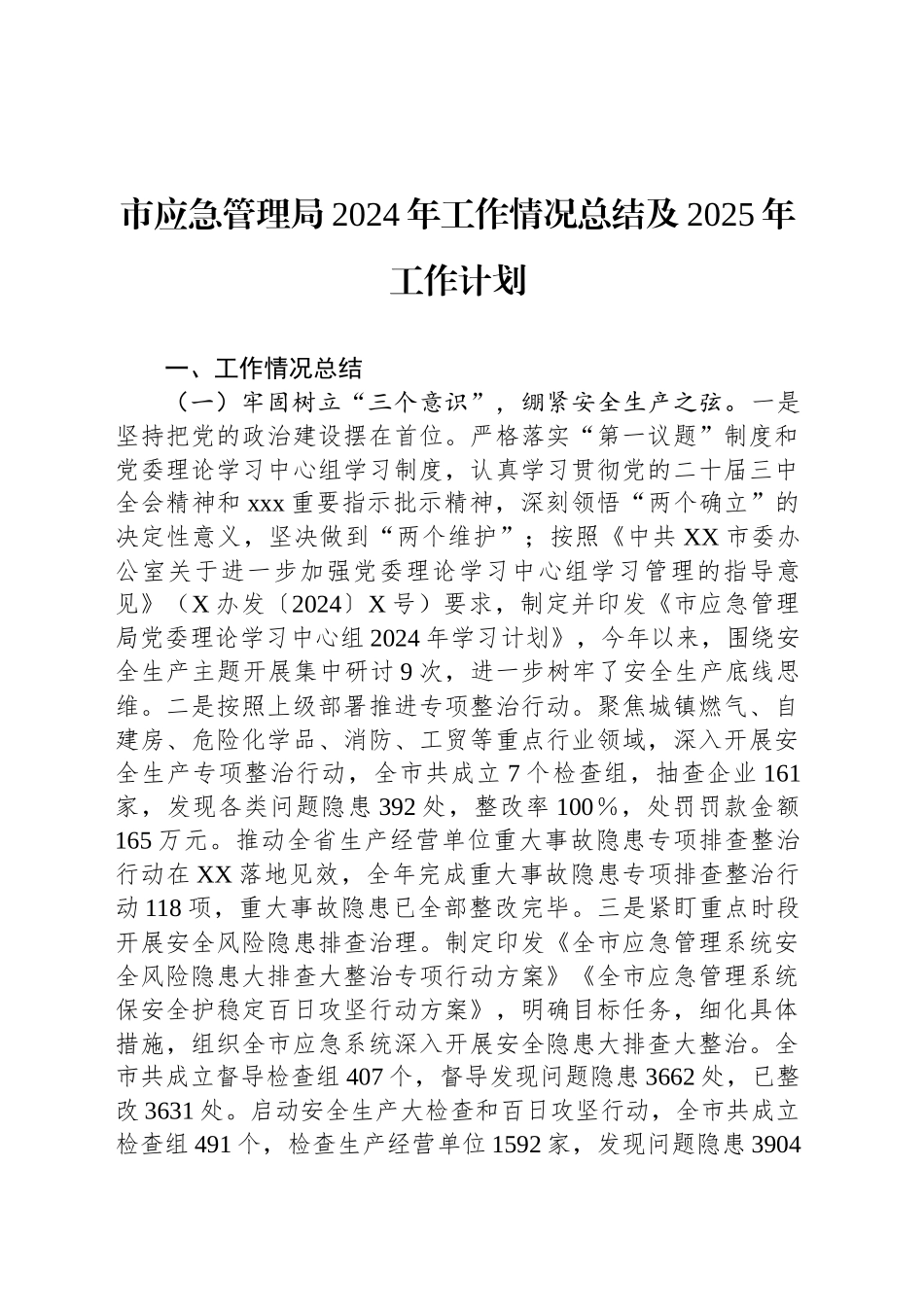 市应急管理局2024年工作情况总结及2025年工作计划_第1页