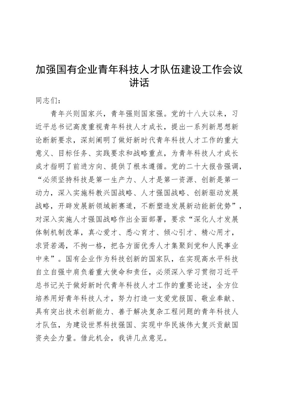 加强国有企业青年科技人才队伍建设工作会议讲话公司20241211_第1页