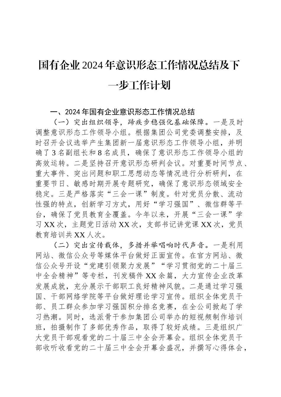 国有企业2024年意识形态工作情况总结及下一步工作计划20241211_第1页