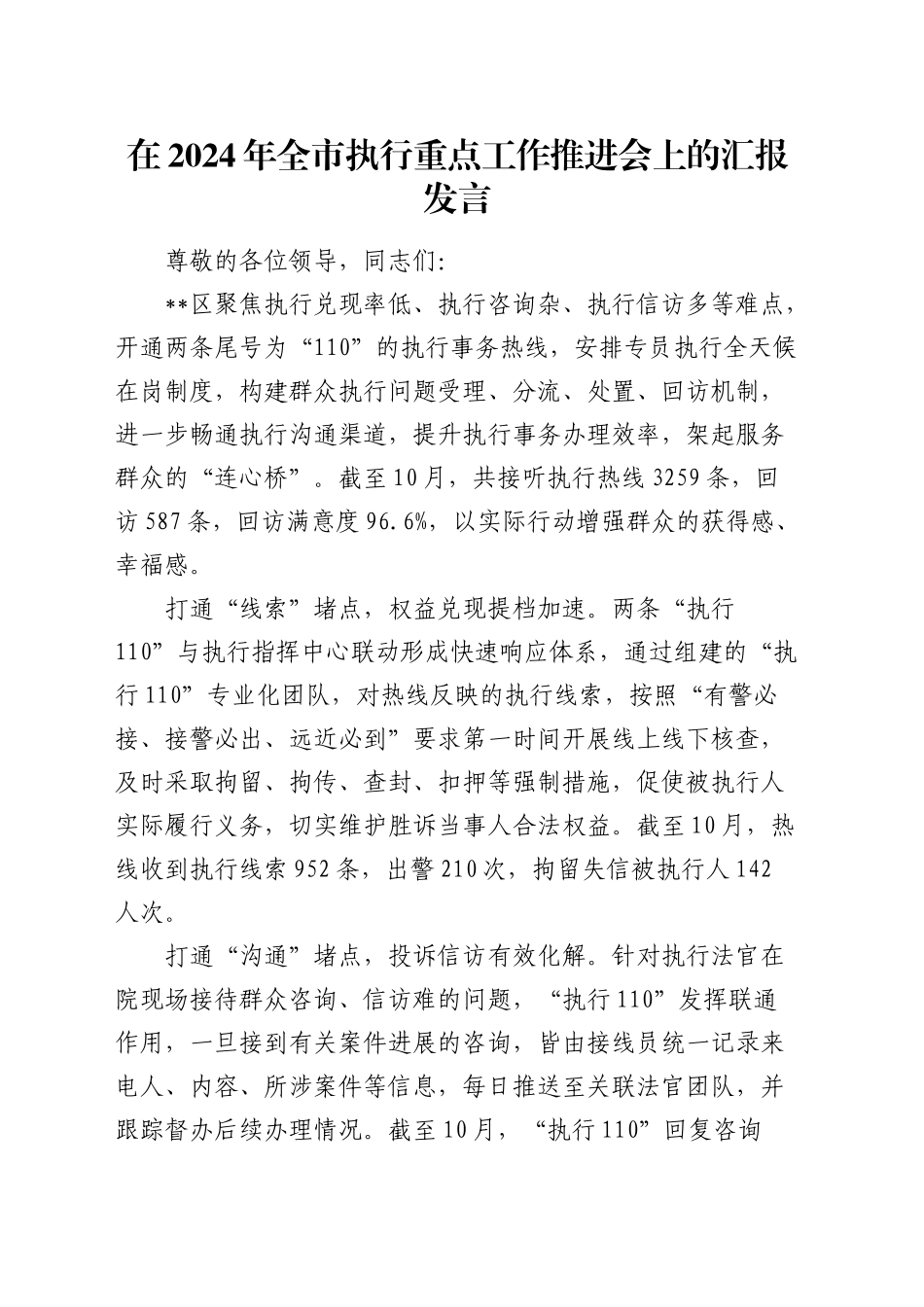 全市执行重点工作推进会上的汇报发言_第1页