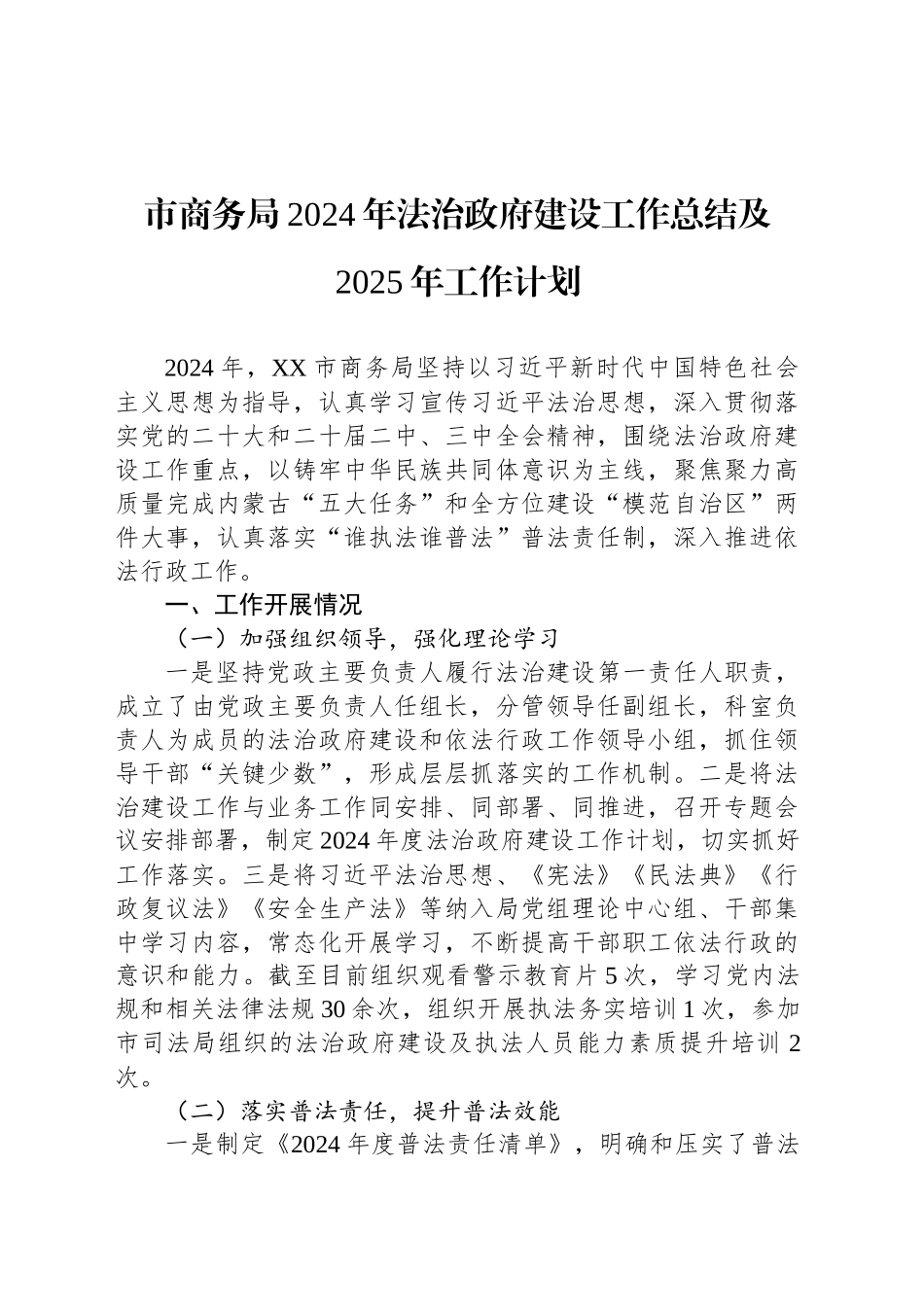 市商务局2024年法治政府建设工作总结及2025年工作计划_第1页