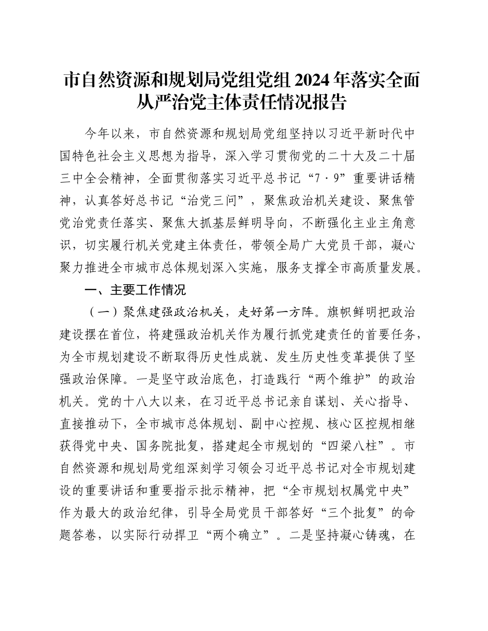 市自然资源和规划局党组党组2024年落实全面从严治党主体责任情况报告_第1页