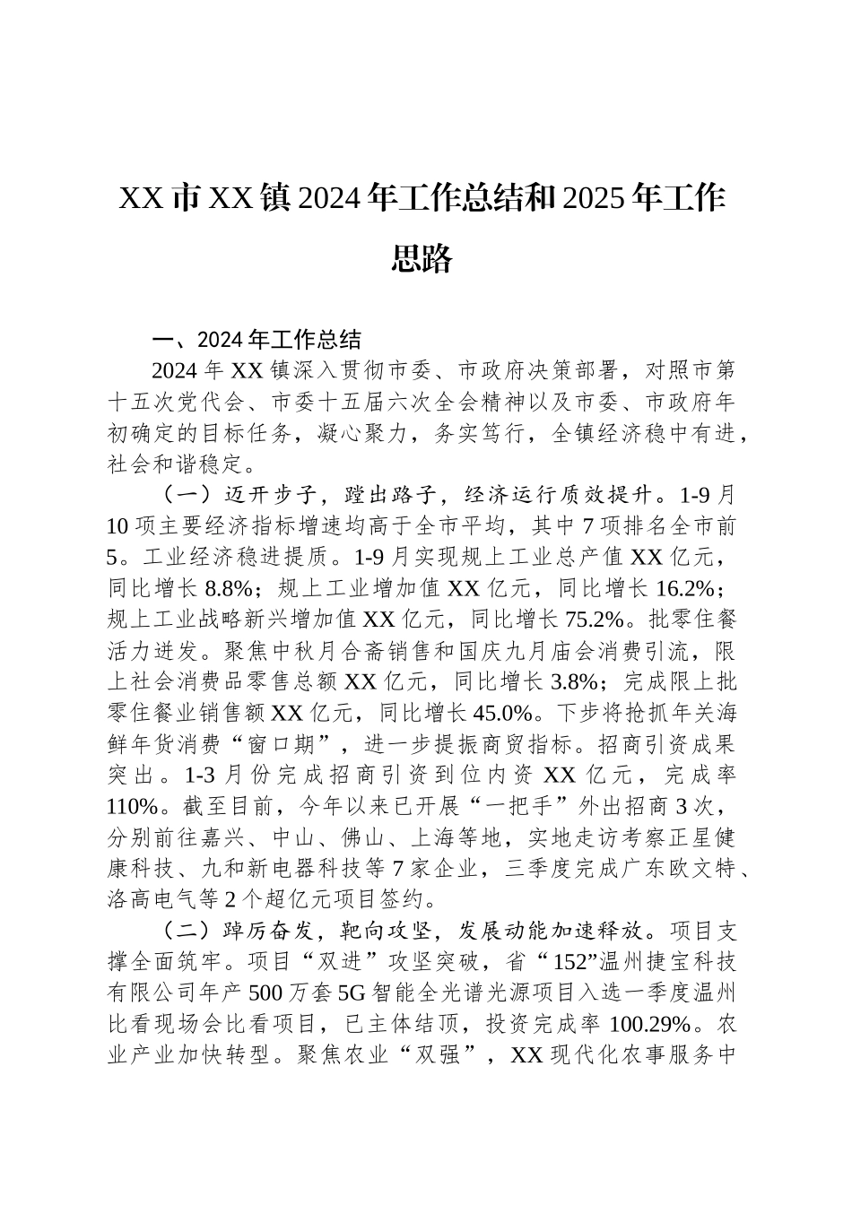XX市XX镇2024年工作总结和2025年工作思路_第1页