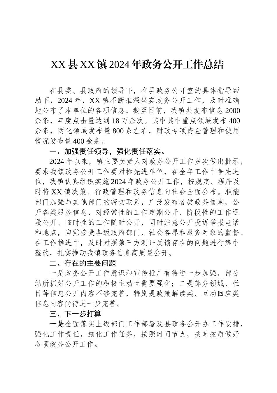 XX县XX镇2024年政务公开工作总结_第1页