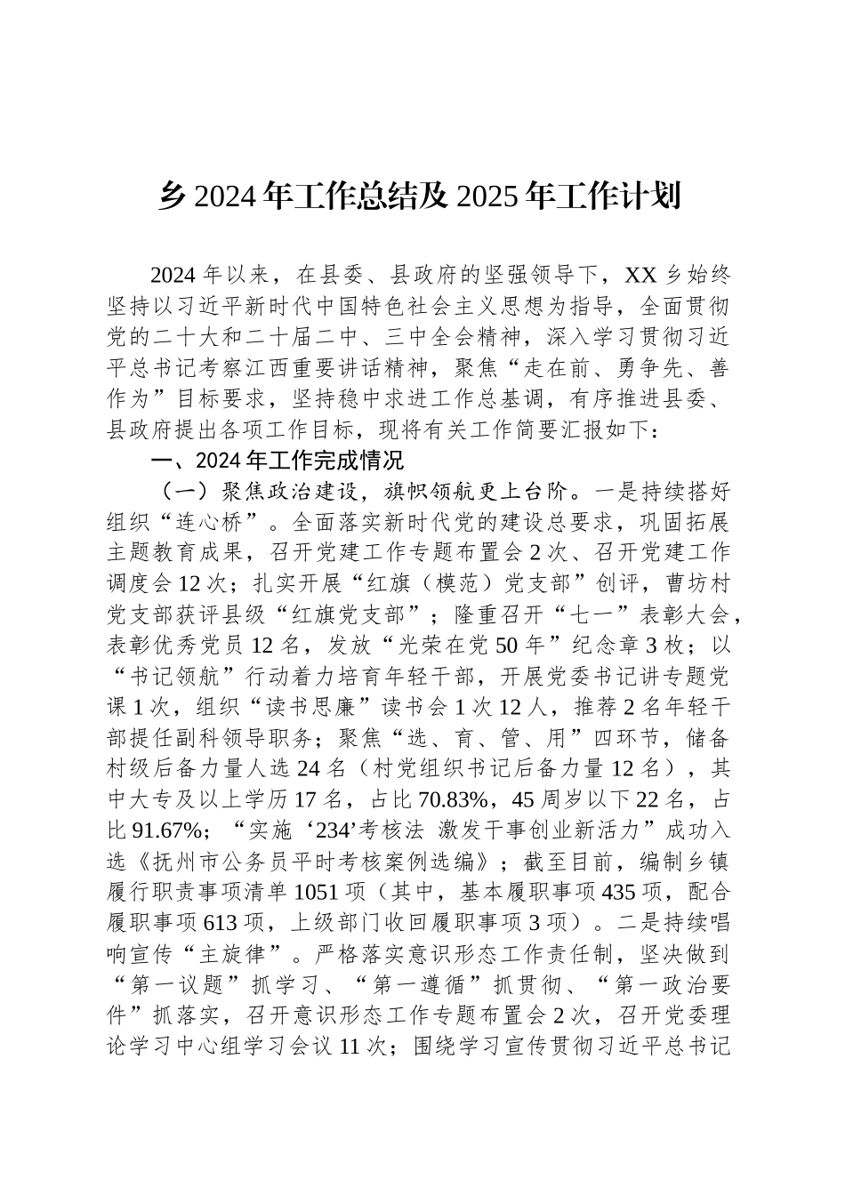 乡2024年工作总结及2025年工作计划_第1页