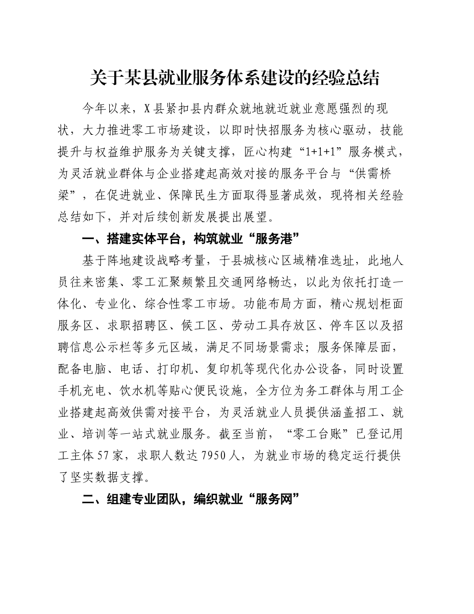 关于某县就业服务体系建设的经验总结_第1页