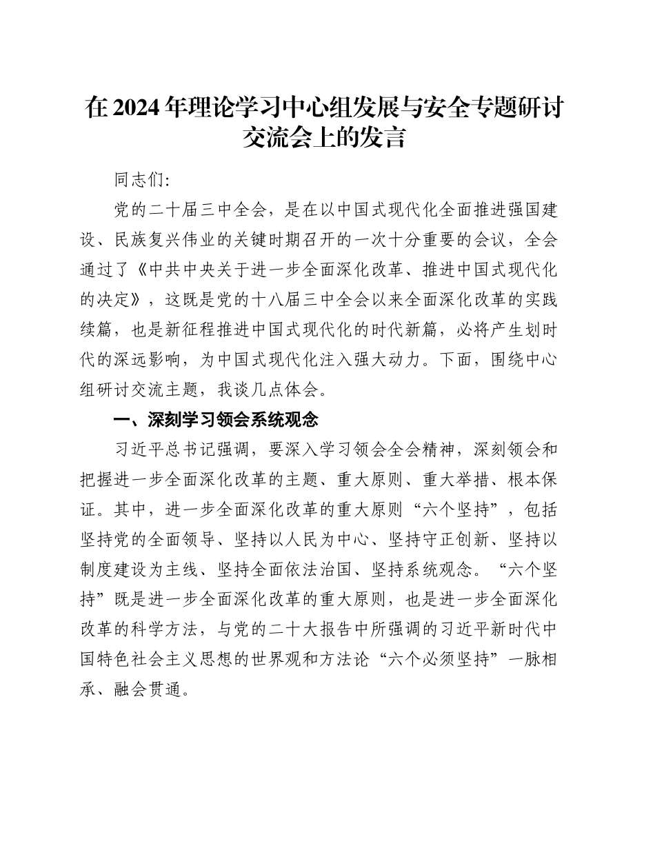 在2024年理论学习中心组发展与安全专题研讨交流会上的发言_第1页