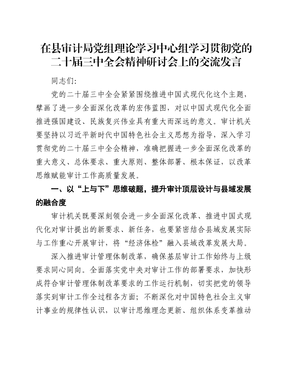 在县审计局党组理论学习中心组学习贯彻党的二十届三中全会精神研讨会上的交流发言_第1页