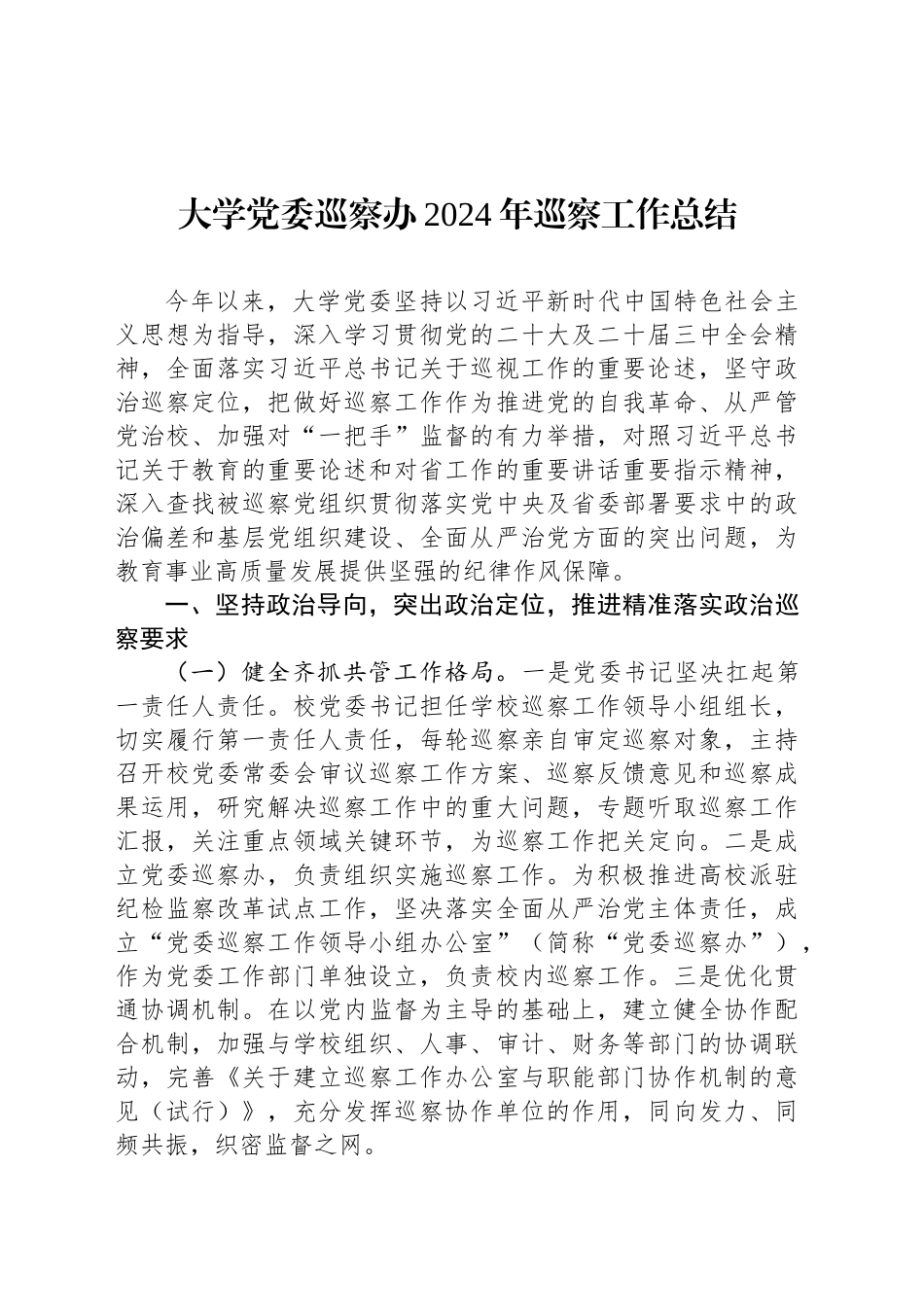 大学党委巡察办2024年巡察工作总结_第1页