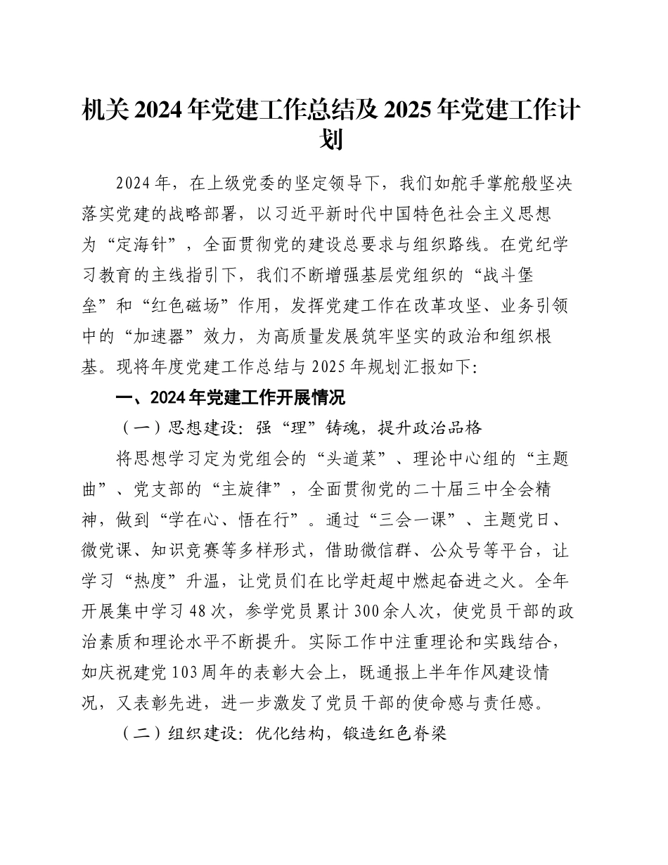 机关2024年党建工作总结及2025年党建工作计划_第1页