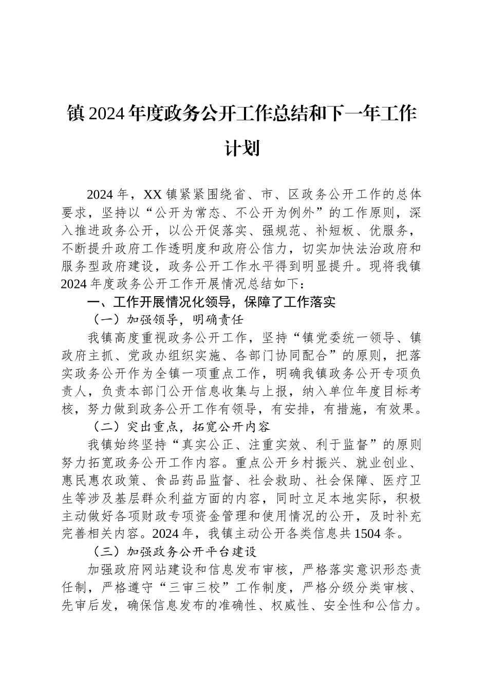 镇2024年度政务公开工作总结和下一年工作计划_第1页