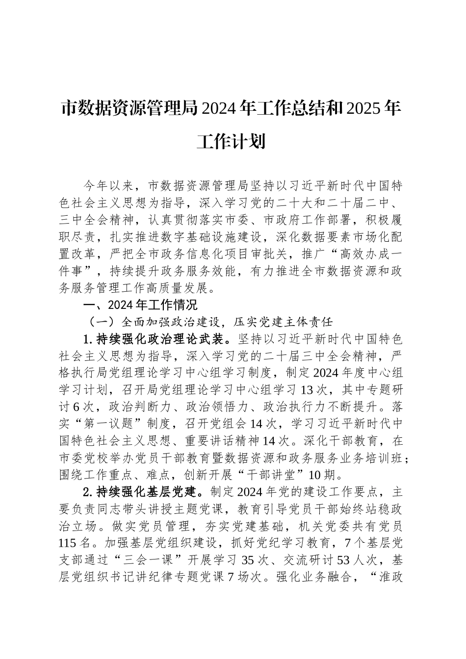 市数据资源管理局2024年工作总结和2025年工作计划-2_第1页