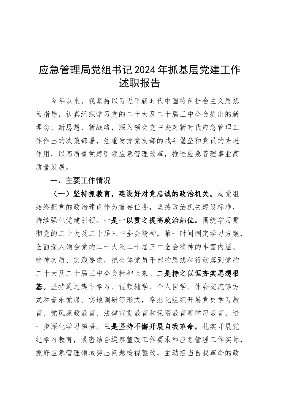 应急管理局党组书记2024年抓基层党建工作述职报告20241218_第1页