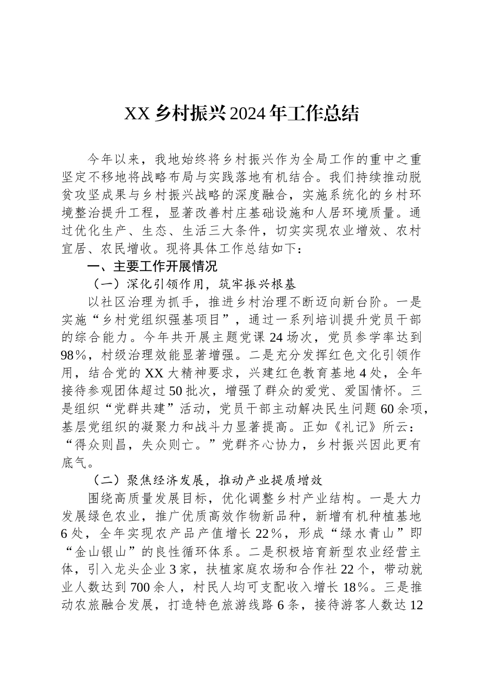 XX乡村振兴2024年工作总结_第1页