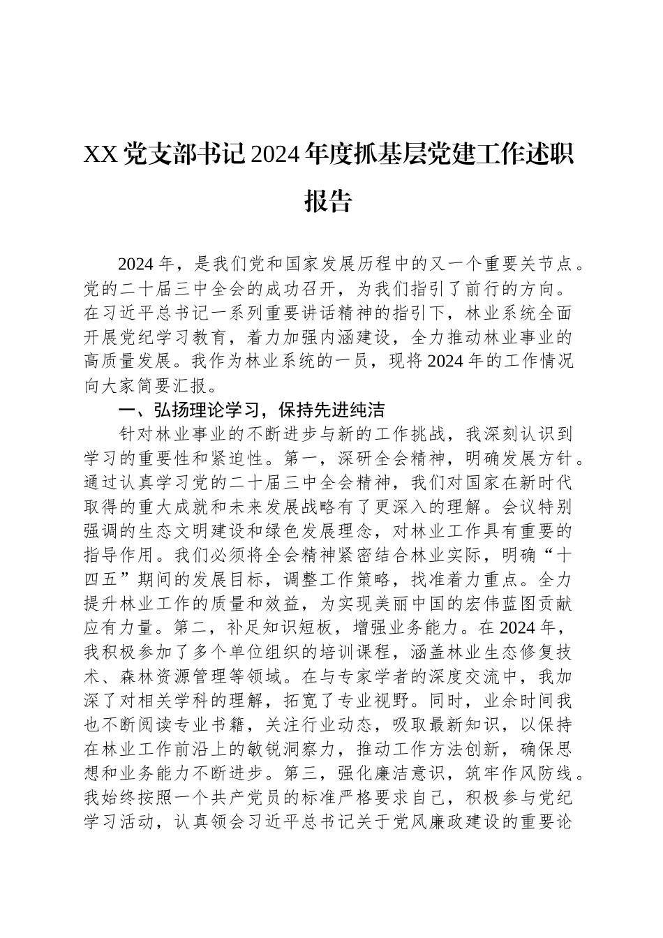 XX党支部书记2024年度抓基层党建工作述职报告_第1页