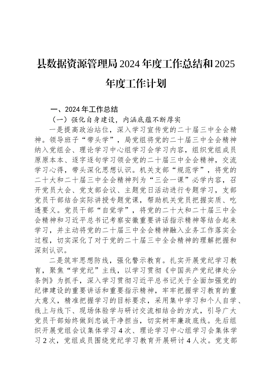 县数据资源管理局2024年度工作总结和2025年度工作计划_第1页