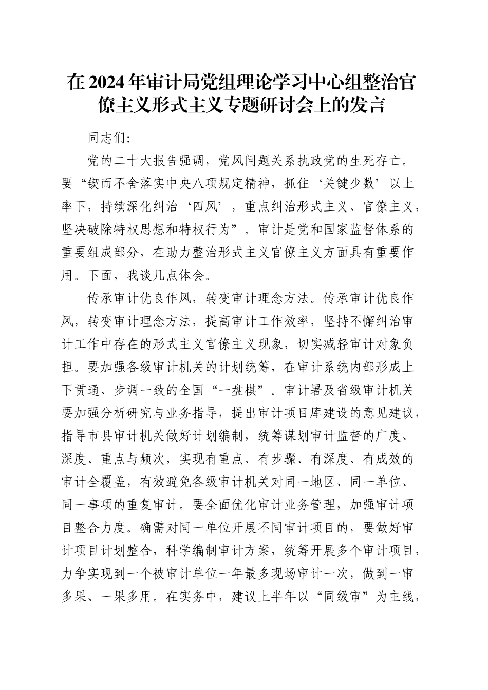 审计局中心组整治官僚主义形式主义专题研讨会上的发言_第1页