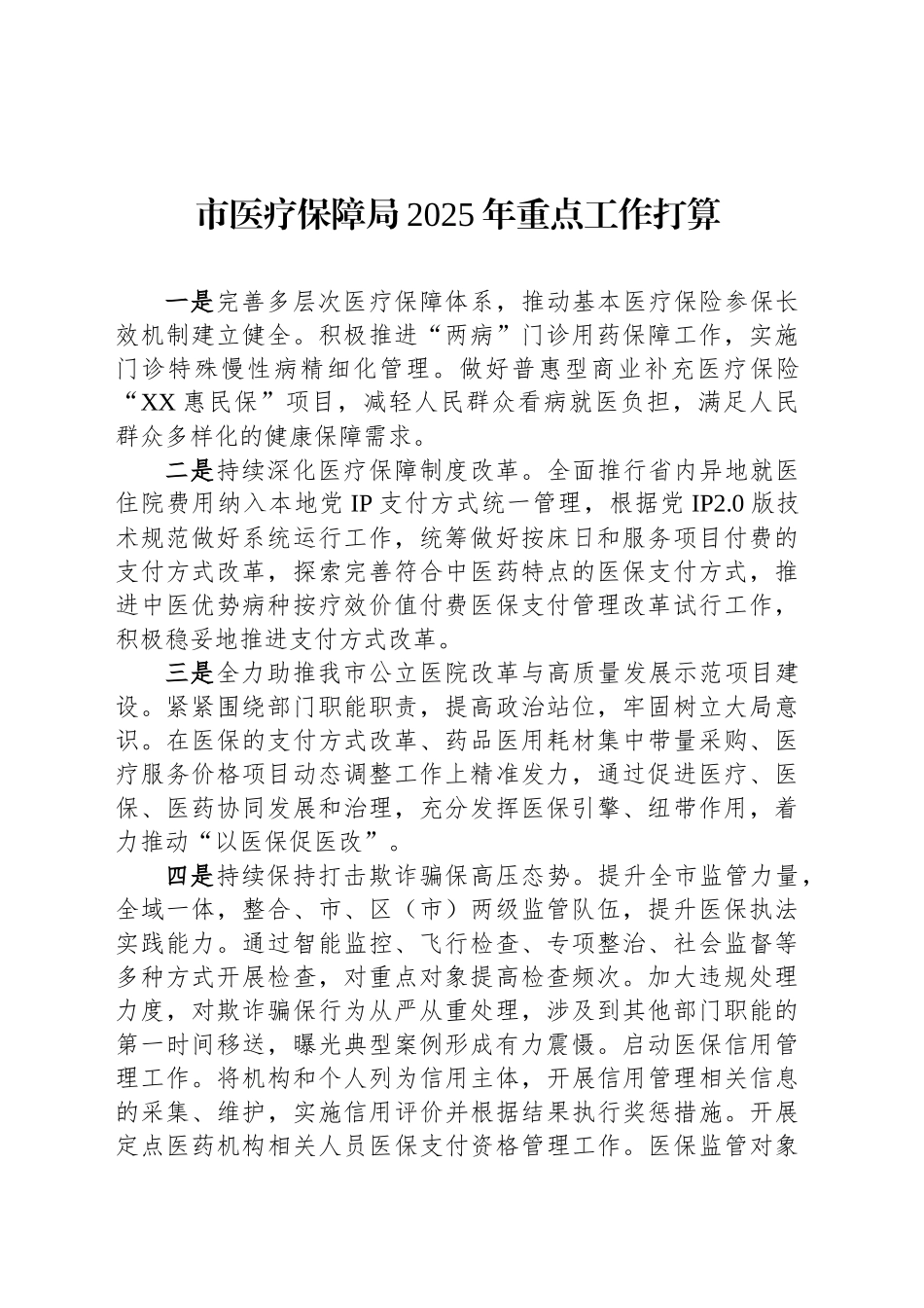 市医疗保障局2025年重点工作打算_第1页