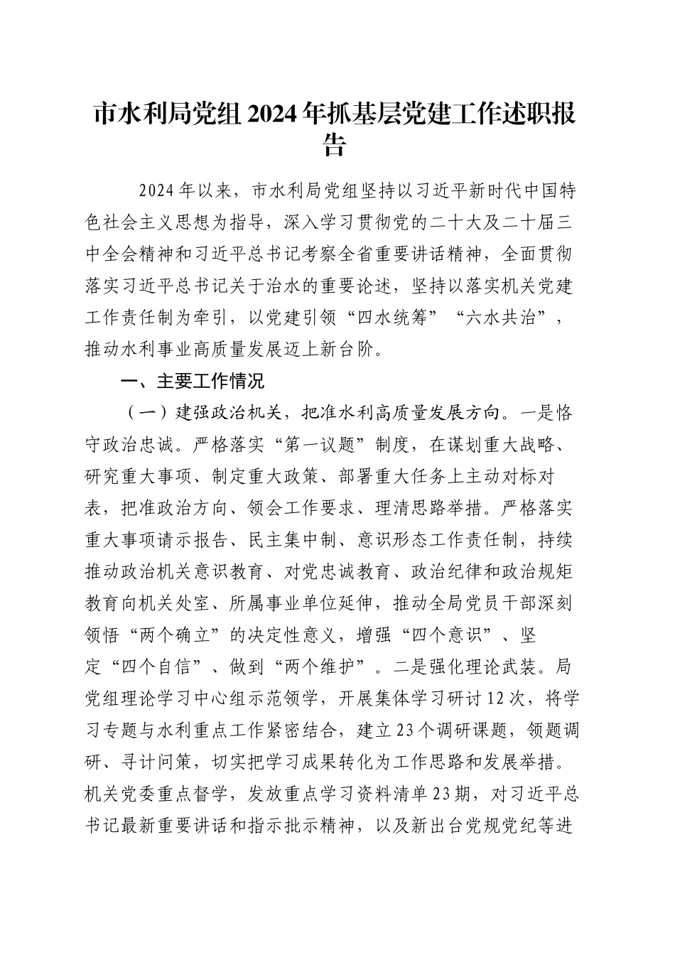 市水利局党组2024年抓基层党建工作述职报告_第1页