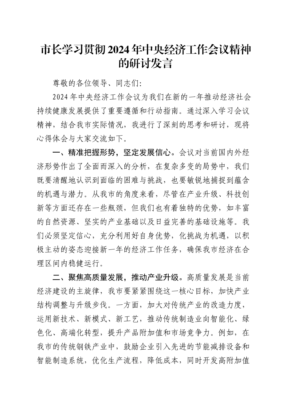 市长学习贯彻2024年中央经济工作会议精神的研讨发言_第1页