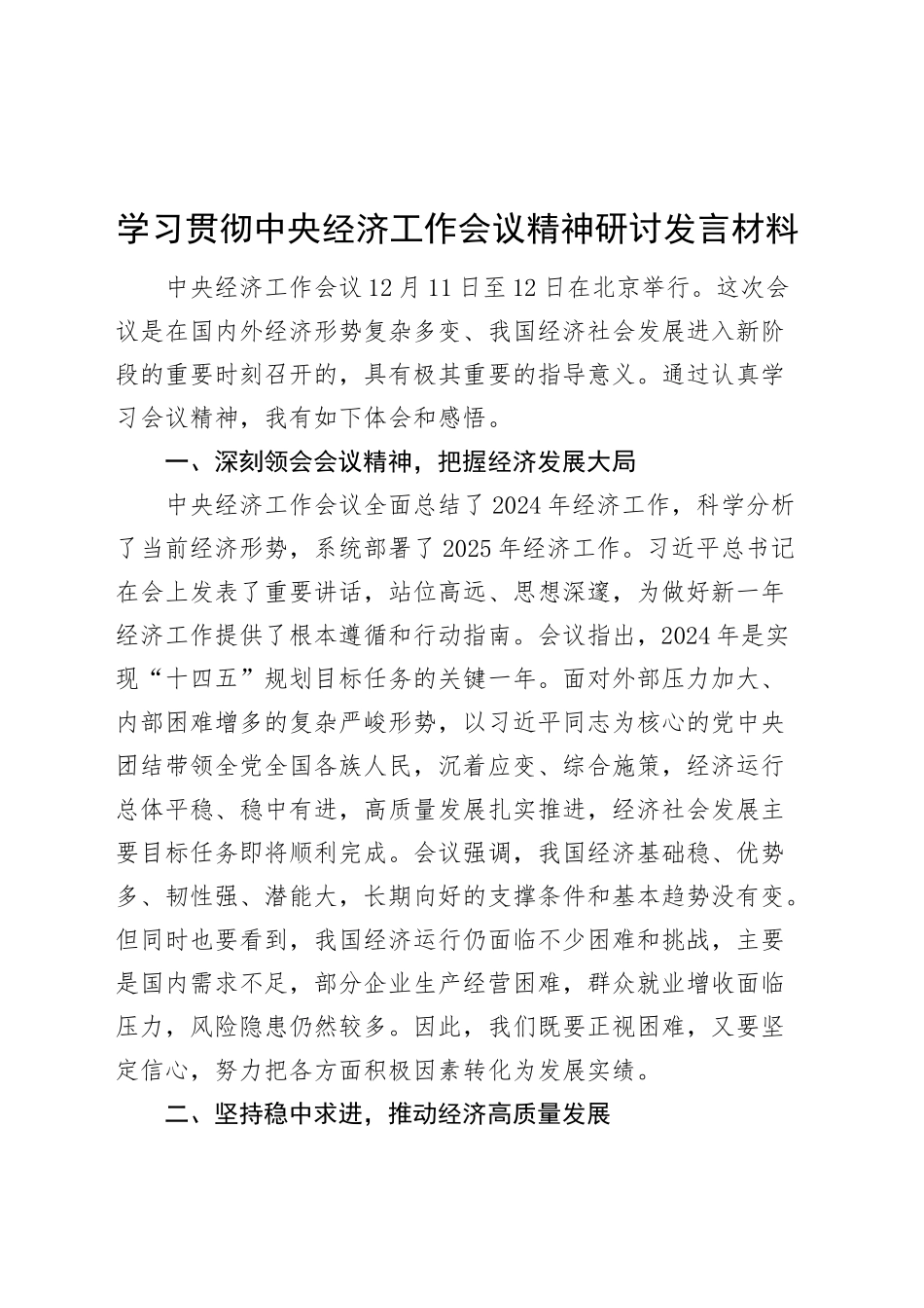 学习贯彻中央经济工作会议精神研讨发言材料心得体会20241225_第1页