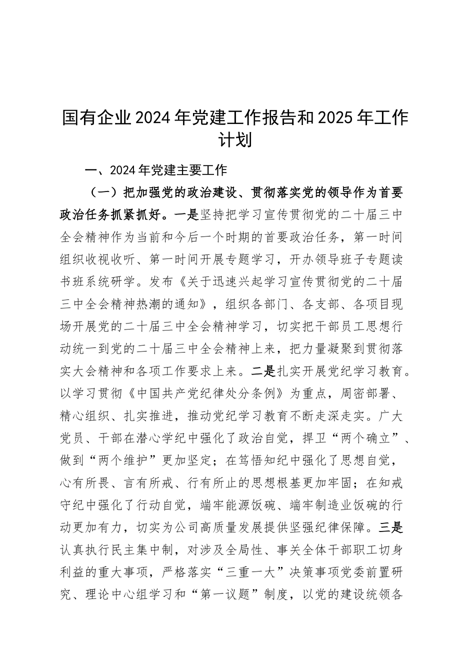 国有企业2024年党建工作报告和2025年工作计划20241225_第1页