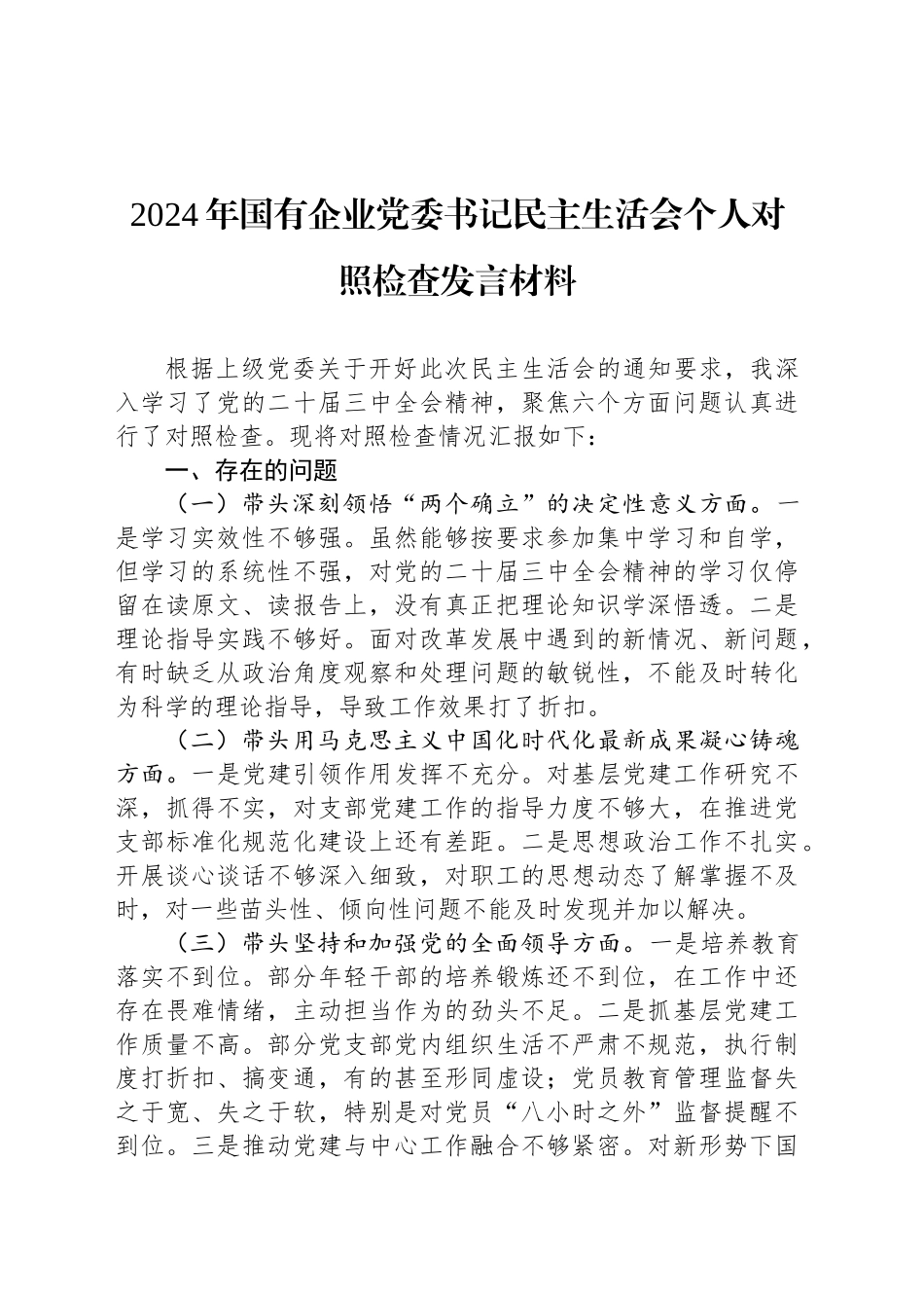 2024年国有企业党委书记民主生活会个人对照检查发言材料_第1页