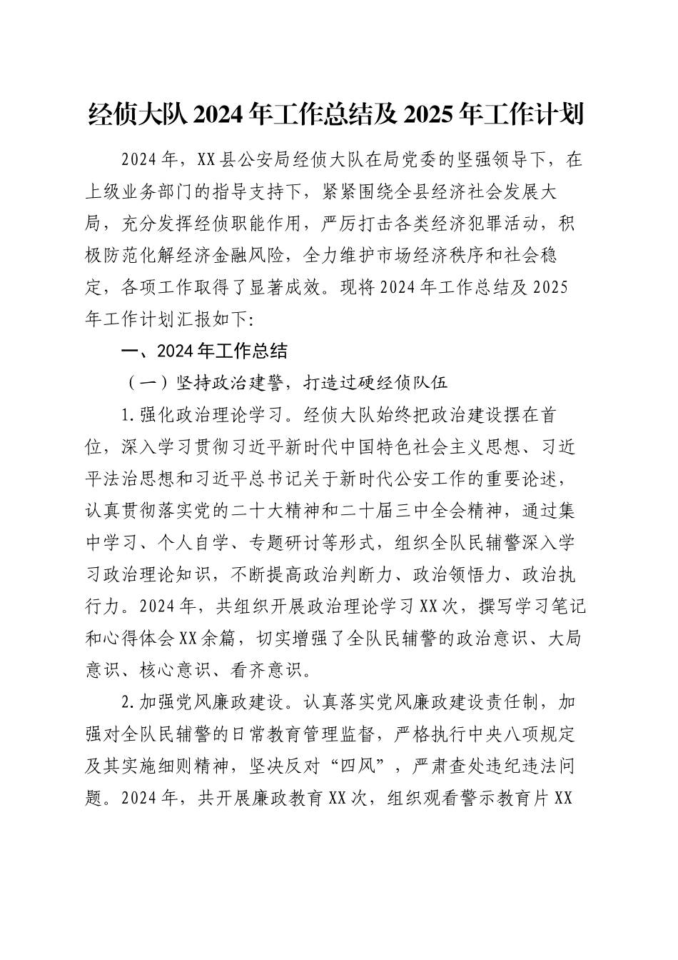 经侦大队2024年工作总结及2025年工作计划_第1页