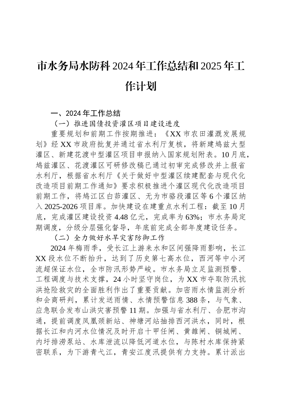 市水务局水防科2024年工作总结和2025年工作计划_第1页