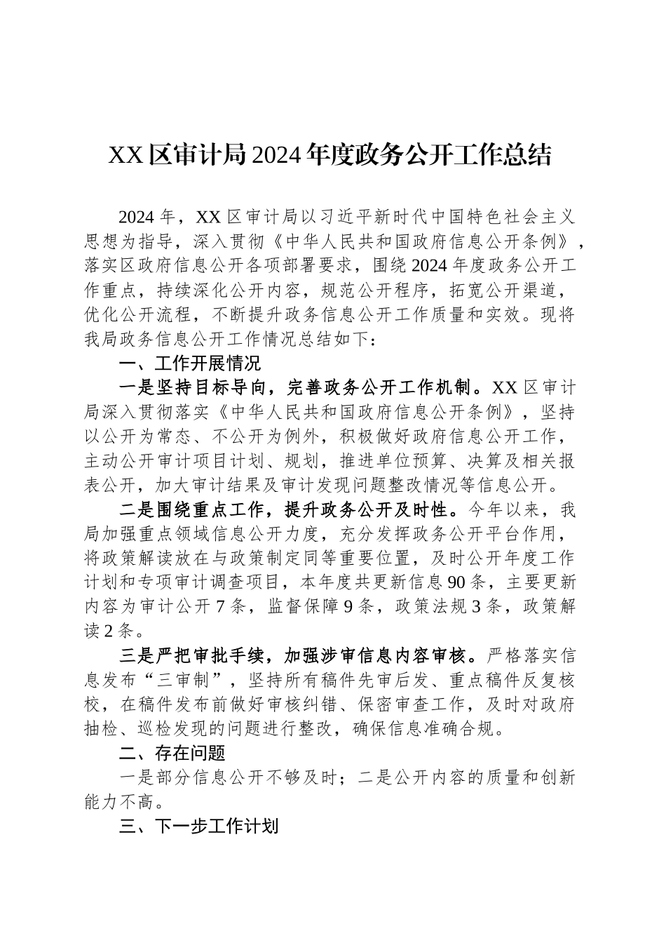 XX区审计局2024年度政务公开工作总结_第1页