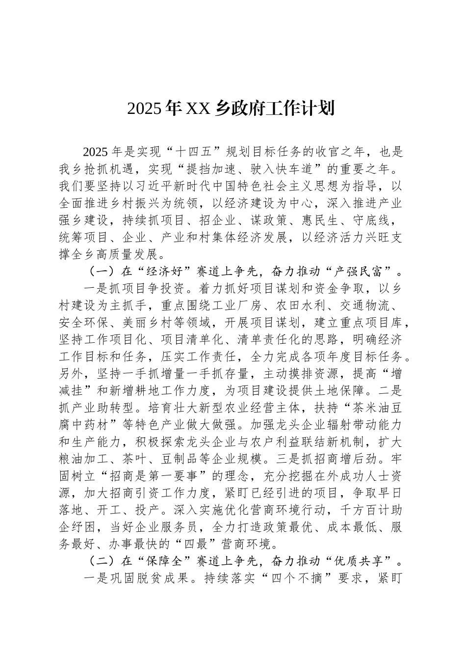2025年XX乡政府工作计划_第1页