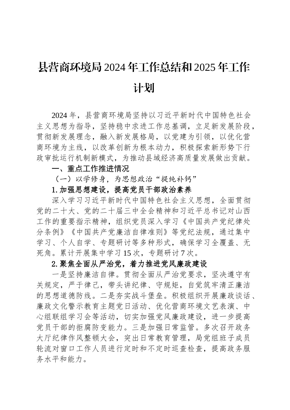 县营商环境局2024年工作总结和2025年工作计划_第1页
