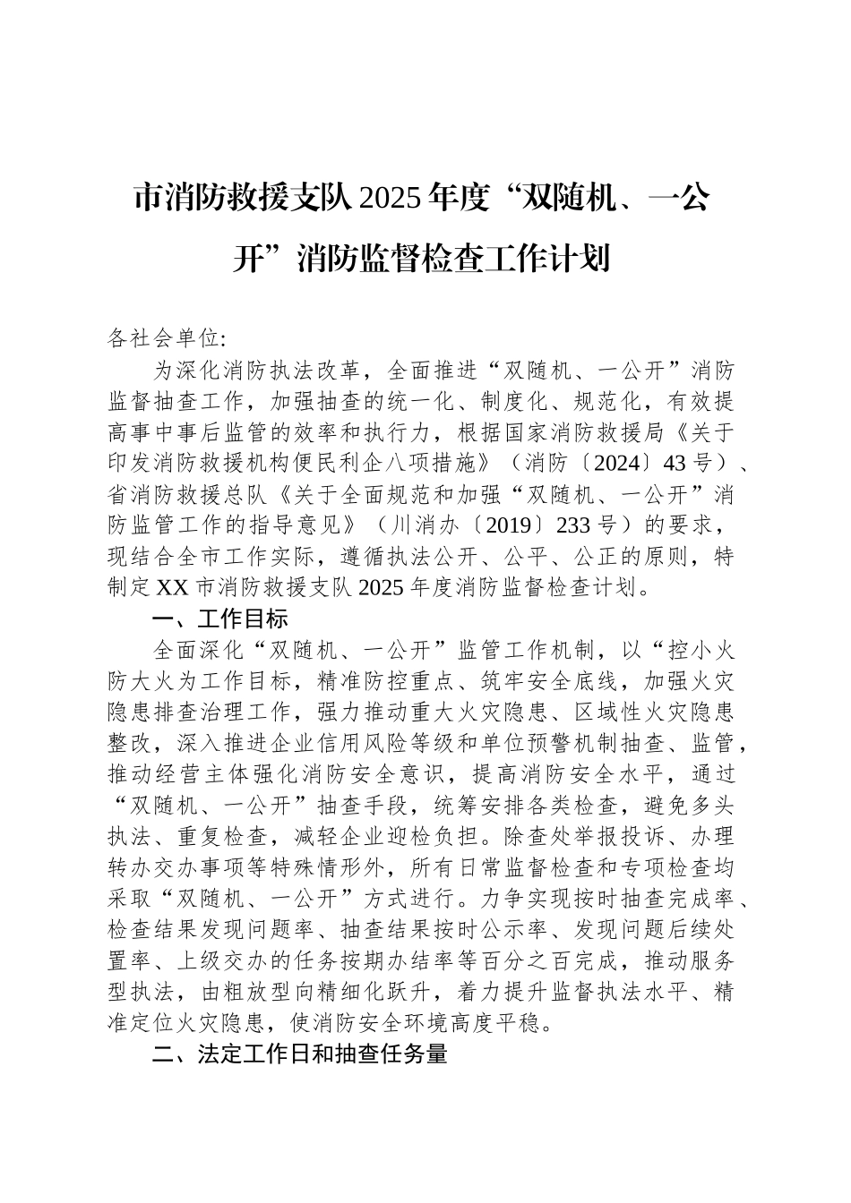 市消防救援支队2025年度“双随机、一公开”消防监督检查工作计划_第1页