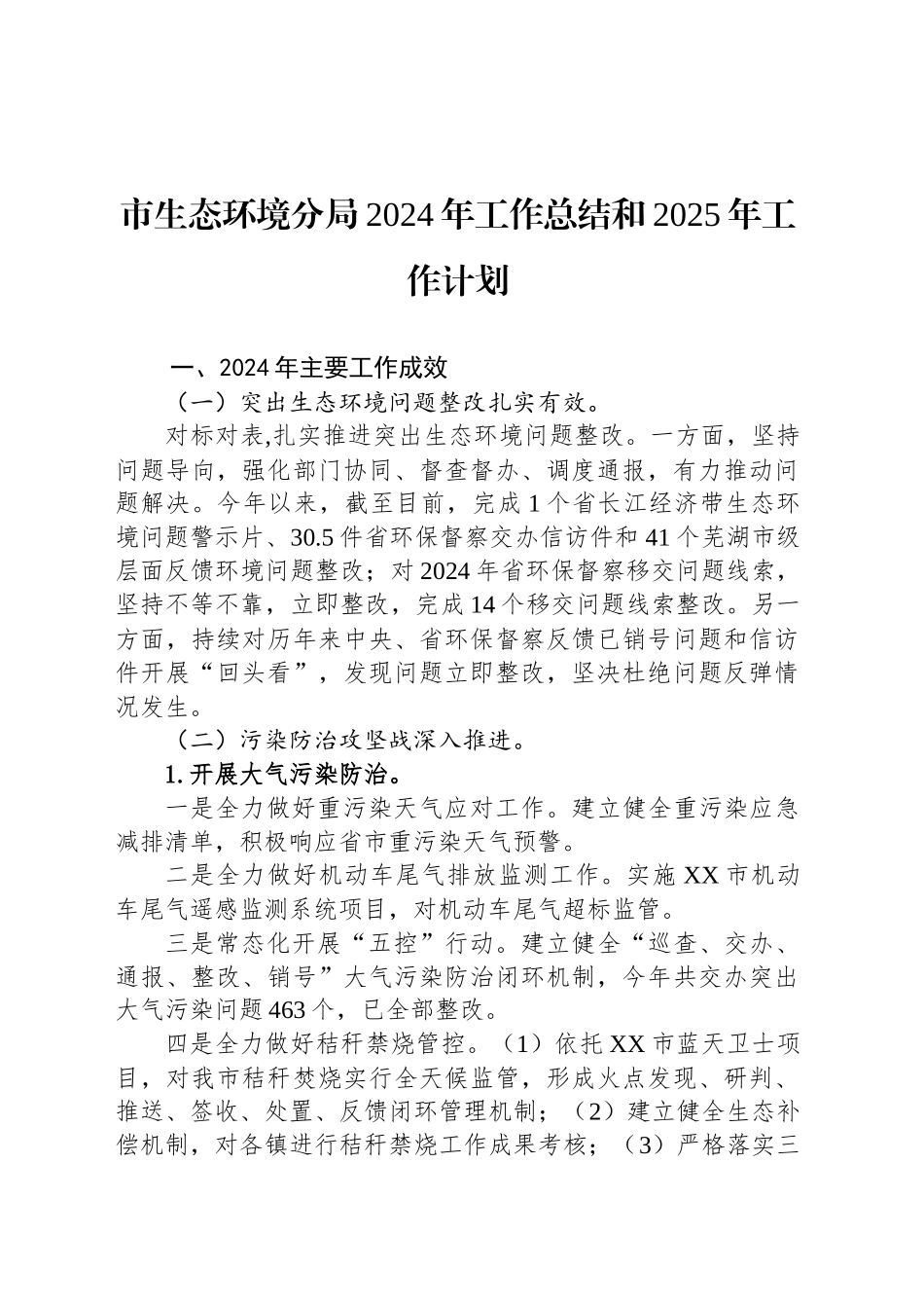 市生态环境分局2024年工作总结和2025年工作计划_第1页